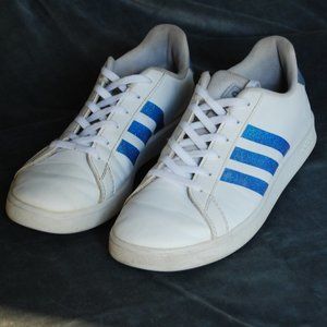 White Leather Adidas Low Top Sneakers with Blue Sparkly Stripes Size 4.5Y